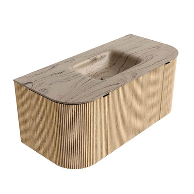 MONDIAZ KURVE-DLUX 100cm badmeubel ronding Links + Rechts kleur Oak met 1 lade en 2 deuren. Wastafel GRUNNE Midden zonder kraangat Arena.