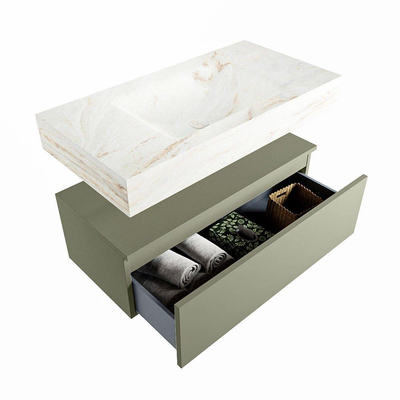 Mondiaz ALAN-DLUX Ensemble de meuble - 90cm - meuble Army mat - 1 tiroir - Lavabo Cloud Frappe suspendu - vasque Centre - 1 trou de robinet