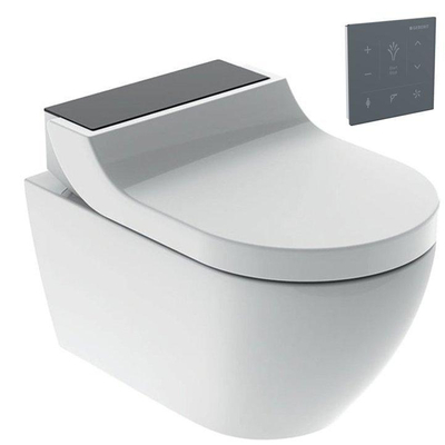 Geberit AquaClean Tuma Comfort Douchewc zwart glas decorplaat met zwarte wandbediening wit