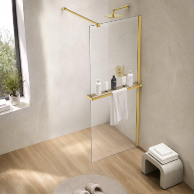 Fortifura Galeria handdoekrek voor inloopdouche - wandmontage / klemt op het glas - 140cm - inkortbaar - geborsteld messing