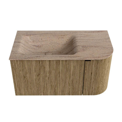 MONDIAZ KURVE-DLUX Meuble de salle de bains 85cm arrondi à droite couleur Dusk avec 1 tiroir et 1 porte. Lavabo CLOUD à gauche 1 trou de robinet Saba.
