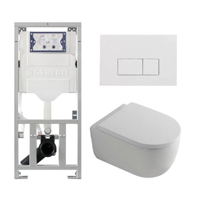 QeramiQ Dely Swirl Ensemble WC- 36.3x51.7cm - Réservoir encastré Geberit UP320 - Abattant 35mm - Plaque de commande en blanc brillant - Boutons rectangulaires - Blanc brillant
