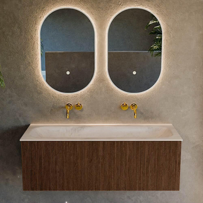 MONDIAZ KURVE-DLUX Meuble de salle de bains 120cm couleur Walnut avec 1 tiroir et 0 porte. Lavabo BIG LARGE Central sans trou de robinet Meli.