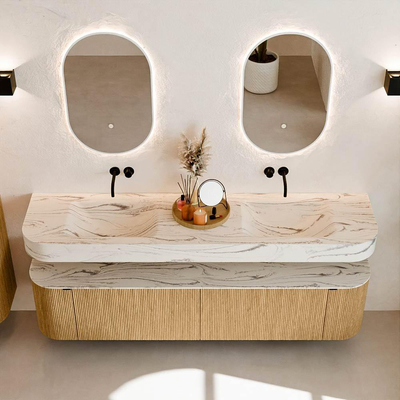 MONDIAZ THOR-DLUX 190cm meuble de salle de bains arrondi gauche + droite couleur Oak avec 2 tiroirs et 2 portes. Vasque suspendue CLOUD Double sans trou de robinet couleur Nata.