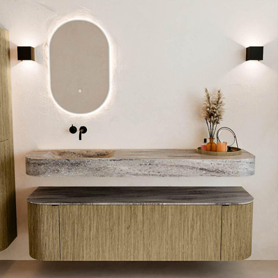 MONDIAZ THOR-DLUX 160cm meuble de salle de bains arrondi gauche + droite couleur Dusk avec 1 tiroir et 2 portes. Vasque suspendue CLOUD Gauche sans trou de robinet couleur Oza.