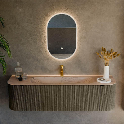 MONDIAZ KURVE-DLUX Meuble de salle de bains 160cm arrondi Gauche + Droite couleur Shadow avec 1 tiroir et 2 portes. Lavabo BIG MEDIUM Central 1 trou de robinet Arena.