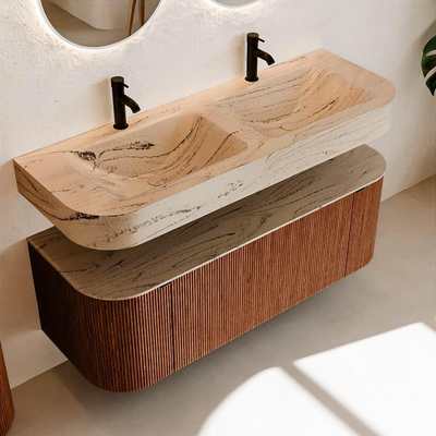 MONDIAZ THOR-DLUX 130cm meuble de salle de bains arrondi gauche + droite couleur Ruby avec 1 tiroir et 2 portes. Vasque suspendue CLOUD Double 2 trous de robinet couleur Arena.