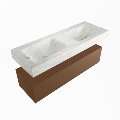 Mondiaz ALAN-DLUX Ensemble de meuble - 130cm - meuble Rust mat - 1 tiroir - Lavabo Cloud Opalo suspendu - vasque Gauche et droite - 2 trous de robinet