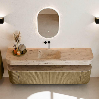 MONDIAZ THOR-DLUX Meuble de salle de bains 190cm arrondi gauche + droite couleur Dusk avec 2 tiroirs et 2 portes. Vasque suspendue CLOUD Milieu sans trou de robinet couleur Arena.