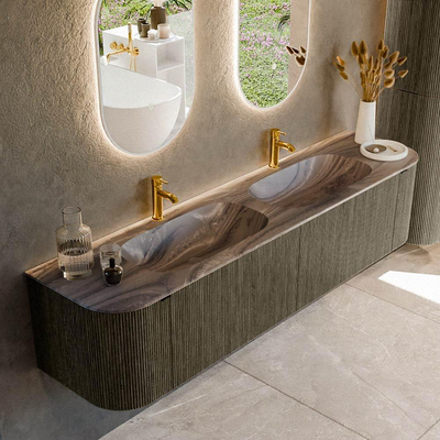 MONDIAZ KURVE-DLUX Meuble de salle de bains 190cm arrondi Gauche + Droite couleur Shadow avec 2 tiroirs et 2 portes. Plan-vasque STOR SMALL Double 2 trous de robinet Sombra.