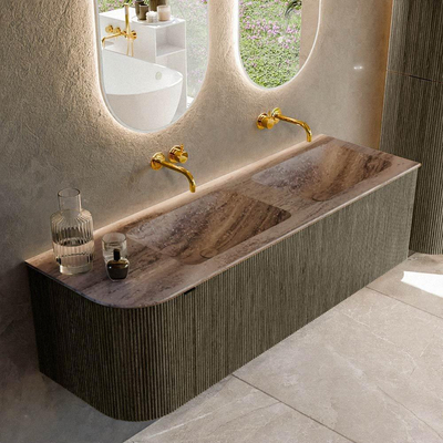 MONDIAZ KURVE-DLUX 145cm meuble de salle de bains avec arrondi à gauche couleur Shadow avec 1 tiroir et 1 porte. Lavabo LEAF Double / Droite sans trou de robinet Oza.