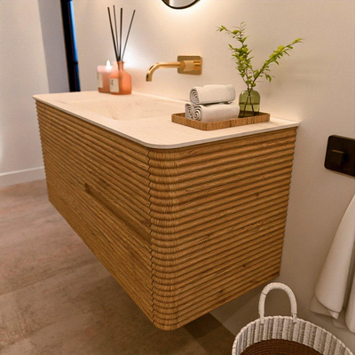 Mondiaz CIRO-DLUX Meuble de salle de bains - 110x45x50cm - Lavabo solid surface Meli - 1 vasque au milieu - sans trous de robinet - 2 tiroirs - Chêne