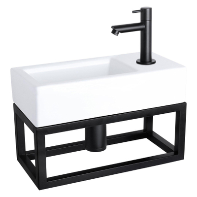 Differnz Ravo kit lave-mains - 38.5x18.5x25cm - Rectangulaire - 1 trou de robinet - Robinet droit noir mat - avec cadre noir - Céramique Blanc