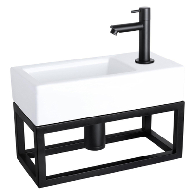 Differnz Ravo Set lave-mains 38.5x18.5x25cm 1 trou avec robinet droit et siphon + bonde noir mat - Vasque rectangulaire Céramique Blanc