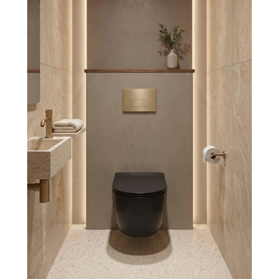 QeramiQ Dely Swirl Toiletset - 36.3x51.7cm - Geberit UP320 inbouwreservoir - met Burda frame - slim zitting - geborsteld messing bedieningsplaat - rechthoekige knoppen - mat zwart
