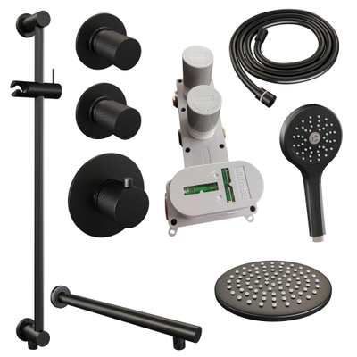 Brauer Black Carving Ensemble de douche de tête encastré - douche de tête 20cm - 3 boutons carving - bras mural droit - barre de douche - douchette ronde 3 jets - noir mat