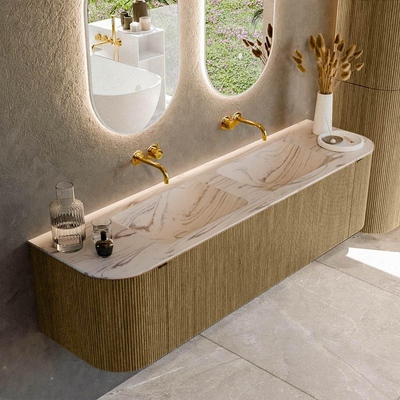 MONDIAZ KURVE-DLUX meuble de salle de bains 170cm arrondi à gauche + à droite couleur Dusk avec 1 tiroir et 2 portes. Lavabo LEAF double sans trou de robinet Nata.