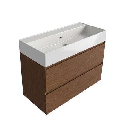 Saniclass Holz Pure Ensemble de meubles de salle de bains - 100x45x72cm - Legend lavabo en céramique blanc - 1 vasque - sans trou de robinet - 2 tiroirs - noyer pure mat (bois)