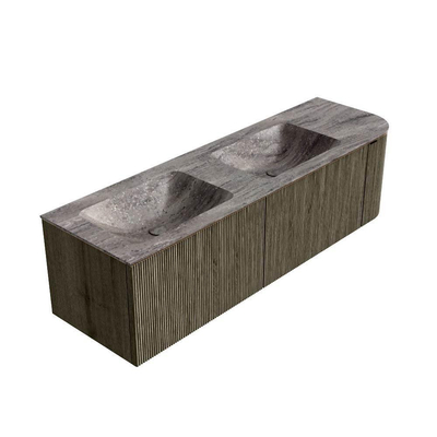 MONDIAZ KURVE-DLUX Meuble de salle de bains 155cm arrondi à droite couleur Shadow avec 2 tiroirs et 1 porte. Lavabo LEAF Double / Gauche 2 trous de robinet Oza.