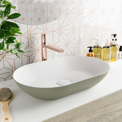 Mondiaz TENCE ensemble de meuble de salle de bain - meuble sous-vasque - 60cm - 2 tiroirs - Armée - talc Solid Surface - plateau - 61cm épais - Onni lavabo - ovale - à poser - Solid Surface Armée/Talc