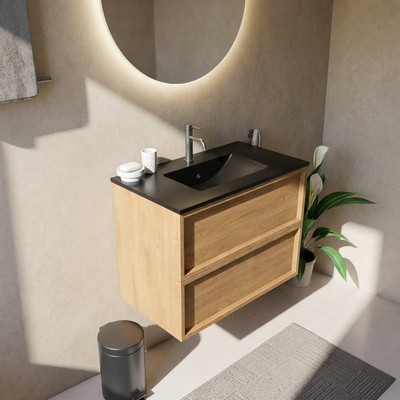Saniclass Holz Frame Ensemble meuble de salle de bains - 80x45x62cm - Vygo lavabo en céramique noir - 1 vasque - 1 trou de robinet - 2 tiroirs - chêne natural mat (bois)