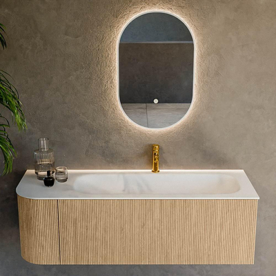 MONDIAZ KURVE 135cm Meuble salle de bain avec module 25 G - couleur Oak - 1 tiroir - 1 porte - vasque BIG MEDIUM droite - 1 trou de robinet - Talc