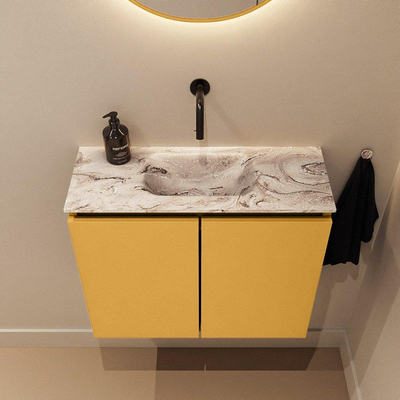 MONDIAZ TURE-DLUX Meuble toilette - 60cm - Ocher - EDEN - vasque Glace - position centrale - sans trou de robinet