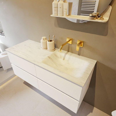 Mondiaz VICA-DLUX ensemble de meuble de salle de bain - 120cm - meuble sous lavabo talc - 4 tiroirs - lavabo encastré cloud droite - sans trous de robinet - version haute de 60cm - opalo