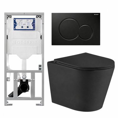 QeramiQ Dely Pack WC - réservoir encastré Geberit UP320 - plaque de déclenchement noir brillant - WC - abattant - noir mat