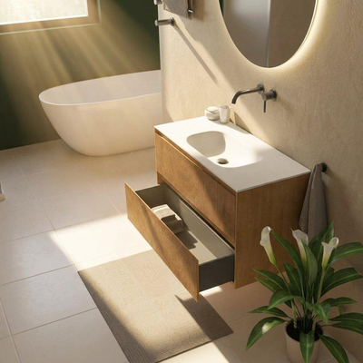 Saniclass Holz Atelier Ensemble meuble de salle de bains - 100x45x61.5cm - lavabo Flow en solid surface blanc - 1 vasque - sans trou de robinetterie - 2 tiroirs - chêne natural mat (bois)