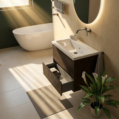 Saniclass Holz Pure Ensemble de meuble de salle de bains - 80x45x63.5cm - Lavabo en céramique Bari blanc - 1 vasque - sans trou de robinet - 2 tiroirs - chêne charcoal mat (bois)