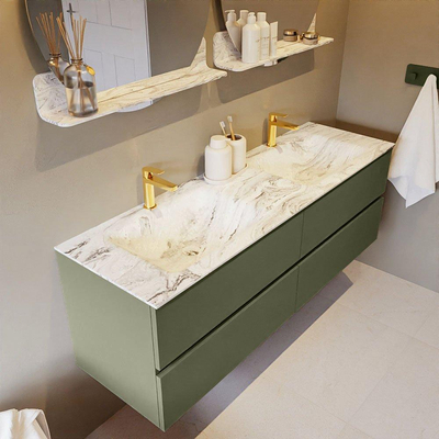 Mondiaz VICA-DLUX ensemble de meuble de salle de bain - 150cm - meuble sous-vasque armée - 4 tiroirs - lavabo encastré nuage double - 2 trous de robinet - version haute de 60cm - glace