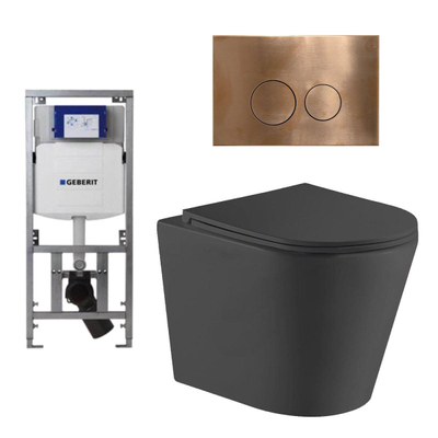 QeramiQ Dely Toiletset - 36.3x51.7cm - diepspoel - rimless - Geberit UP320 inbouwreservoir - met Burda frame - softclose toiletzitting - koperen bedieningsplaat - ronde knoppen - zwart mat
