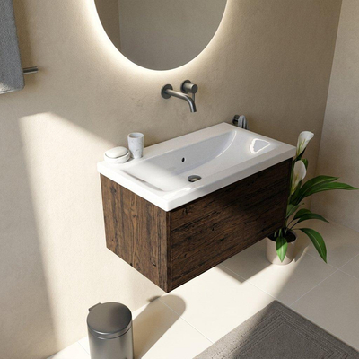 Saniclass Holz Frame Ensemble de meubles de salle de bains - 80x45x43.5cm - Lavabo Bari en céramique blanc - 1 vasque - sans trou de robinetterie - 1 tiroir - chêne charcoal mat (bois)
