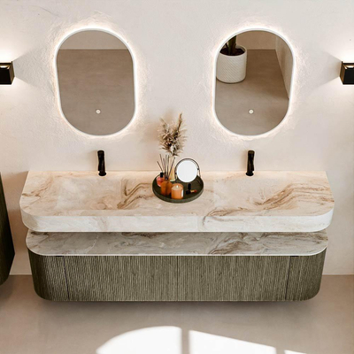 MONDIAZ THOR-DLUX Meuble de salle de bains - 190cm - arrondi gauche + droite - couleur Shadow - 2 tiroirs et 2 portes - Lavabo suspendu CLOUD Double 2 trous de robinet - couleur Frappe