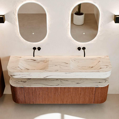 MONDIAZ THOR-DLUX 170cm meuble de salle de bains arrondi gauche + droite couleur Ruby avec 1 tiroir et 2 portes. Vasque suspendue CLOUD Double sans trou de robinet couleur Nata.