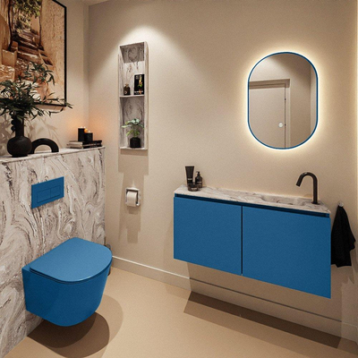 MONDIAZ TURE-DLUX Meuble toilette - 100cm - Jeans - EDEN - vasque Glace - position droite - 1 trou de robinet