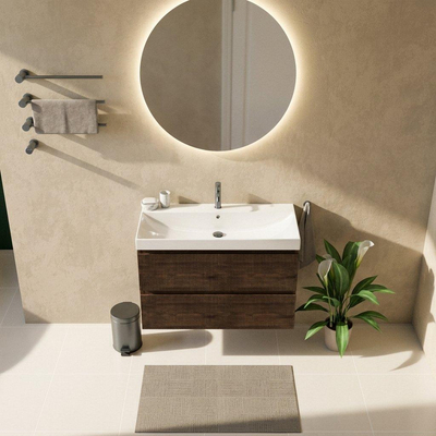 Saniclass Holz Atelier Ensemble meuble de salle de bains - 100x45x67.5cm - lavabo en céramique Wave - 1 vasque - 1 trou de robinetterie - 2 tiroirs - chêne charcoal mat (bois)
