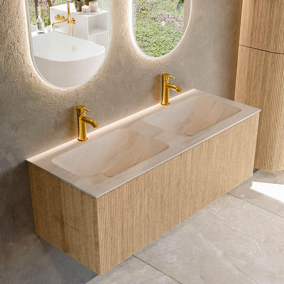 MONDIAZ KURVE-DLUX Meuble de salle de bains 120 cm couleur Oak avec 1 tiroir et 0 porte. Lavabo LEAF Double 2 trous de robinet Meli.