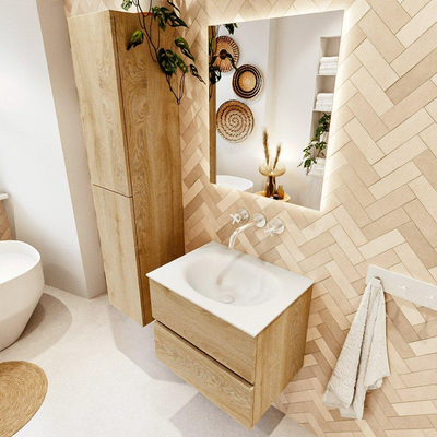 MONDIAZ VICA meuble sous lavabo 60cm Chêne blanchi 2 tiroirs. Lavabo MOON central sans trou de robinet, couleur Talc.