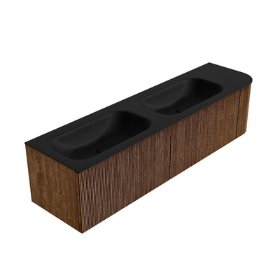 MONDIAZ KURVE 175cm Meuble salle de bain avec module 25 D - couleur Walnut - 2 tiroirs - 1 porte - vasque BIG SMALL double / gauche - sans trous de robinet - Urban