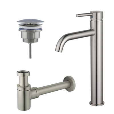 FugaFlow Eccelente Sobrado Kit mitigeur lavabo - robinet rehaussé - bonde non-obturable - siphon design bas - PVD Inox brossé