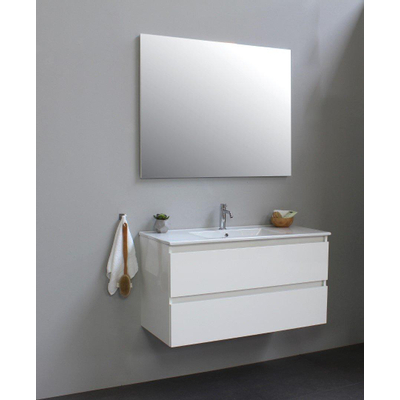 Basic Bella Meuble lavabo céramique avec 1 trou de robinet avec miroir 100x55x46cm Flat Pack Blanc Haute-brillance