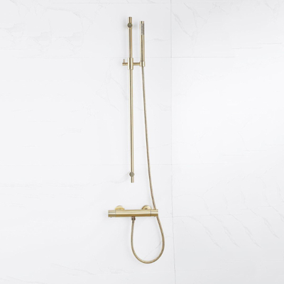 FugaFlow Eccelente Sobrado Ensemble de douche barre curseur avec douchette stick, flexible en métal et robinet de douche Laiton brossé PVD