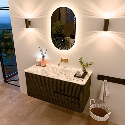 Mondiaz CIRO-DLUX Badkamermeubelset - 110x45x50cm - Solid surface wastafel Glace - 1 wasbak Midden - zonder kraangaten - 2 lades - Shadow
