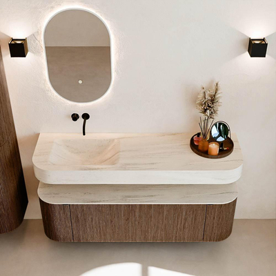 MONDIAZ THOR-DLUX 150cm badmeubel ronding links + rechts kleur Walnut met 1 lade en 2 deuren. Vrijhangende wastafel CLOUD Links zonder kraangat kleur Meli.