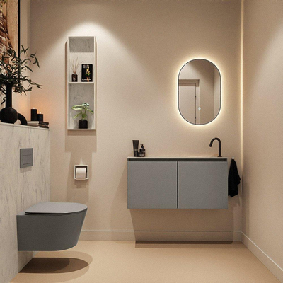 MONDIAZ TURE-DLUX Meuble toilette - 100cm - Smoke - EDEN - vasque Opalo - position droite - 1 trou de robinet