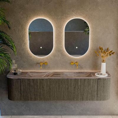 MONDIAZ KURVE-DLUX Meuble de salle de bains 180cm arrondi à gauche + à droite couleur Shadow avec 2 tiroirs et 2 portes. Lavabo LEAF Double sans trou de robinet Sombra.