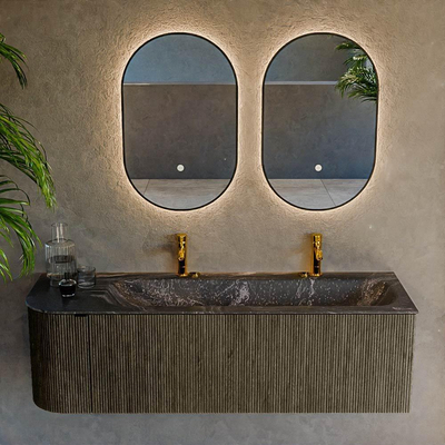 Mondiaz KURVE-DLUX Badkamermeubelset - 145x46x40cm - 1 lade - 1 deur - wastafel solid surface - rechts - 2 kraangaten - Shadow