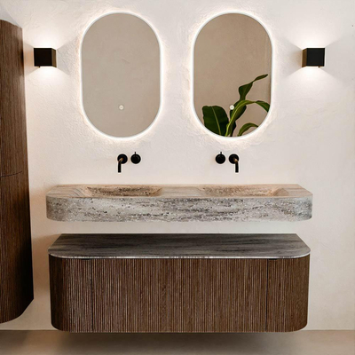 MONDIAZ THOR-DLUX 140cm badmeubel ronding links + rechts kleur Walnut met 1 lade en 2 deuren. Vrijhangende wastafel CLOUD Dubbel zonder kraangat kleur Oza.